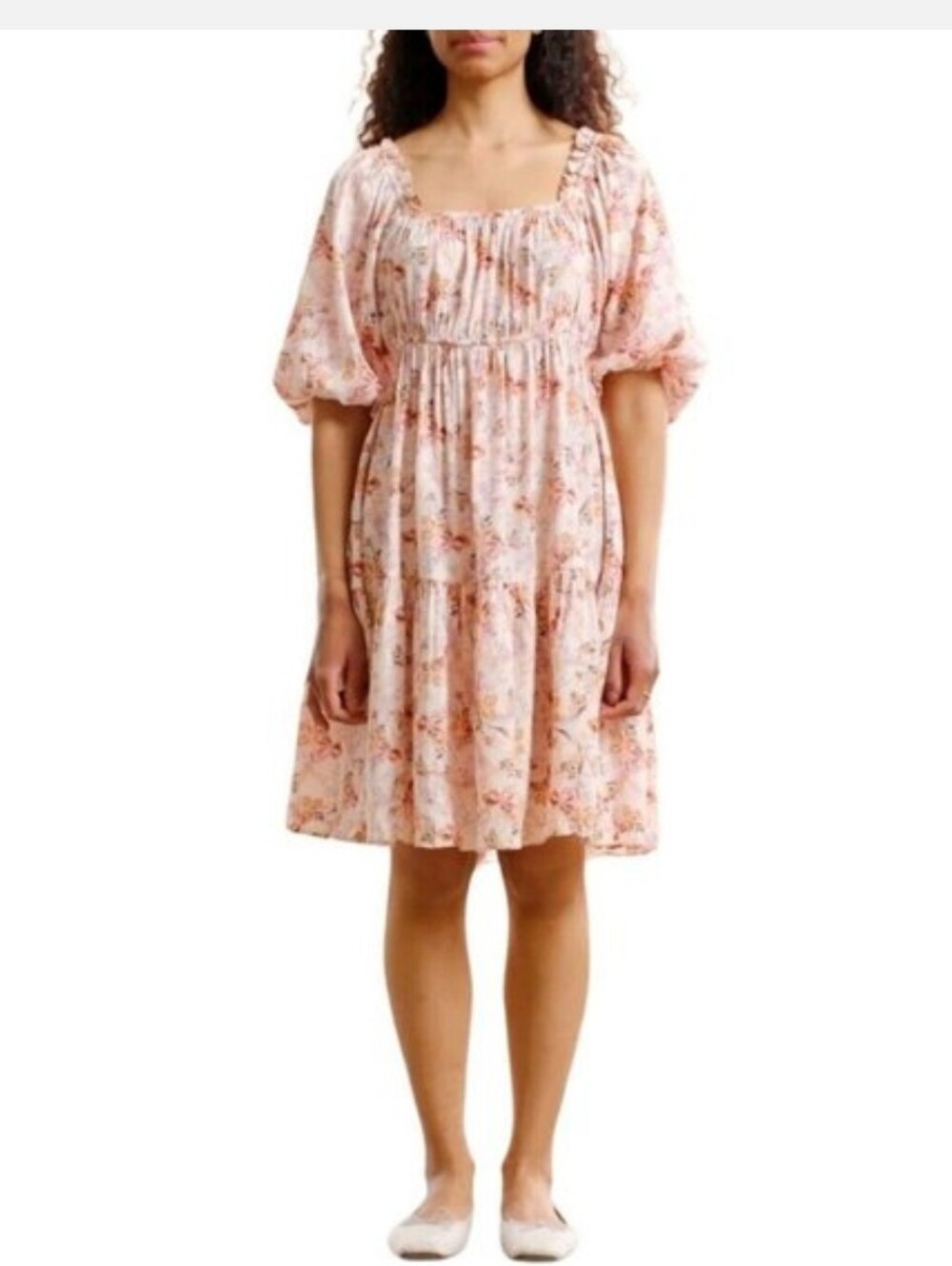 byTiMo Delicate Feather Print Babydoll Mini Dress Pastel Boho Sz M